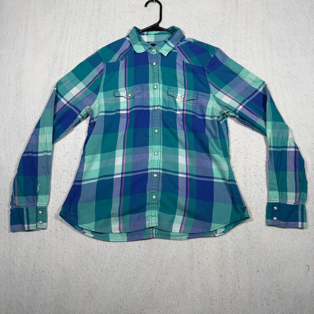 American Eagle Teal Blue Plaid Western Pearl Snap Long Sleeve Shirt Womens L